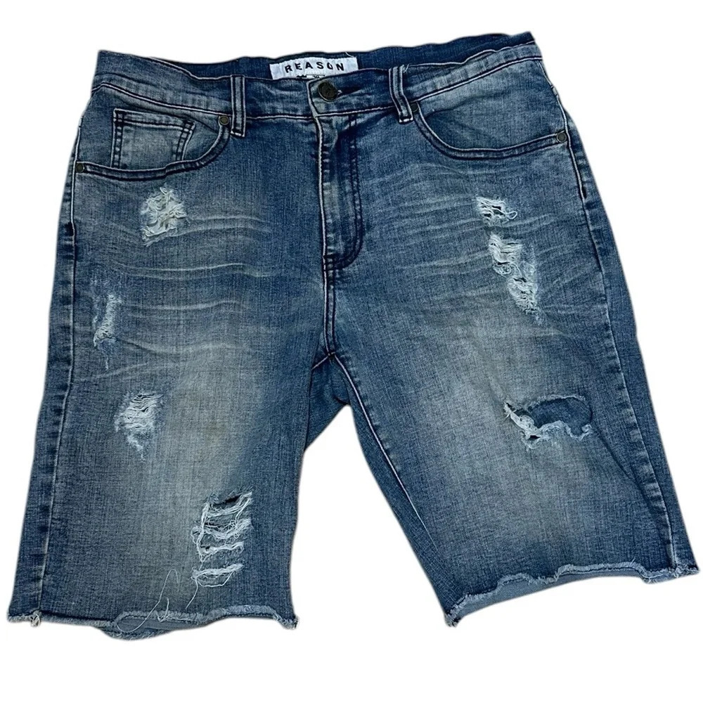 Reason Men's Blue Distressed Cutoff Denim Jeans Shorts Size 34